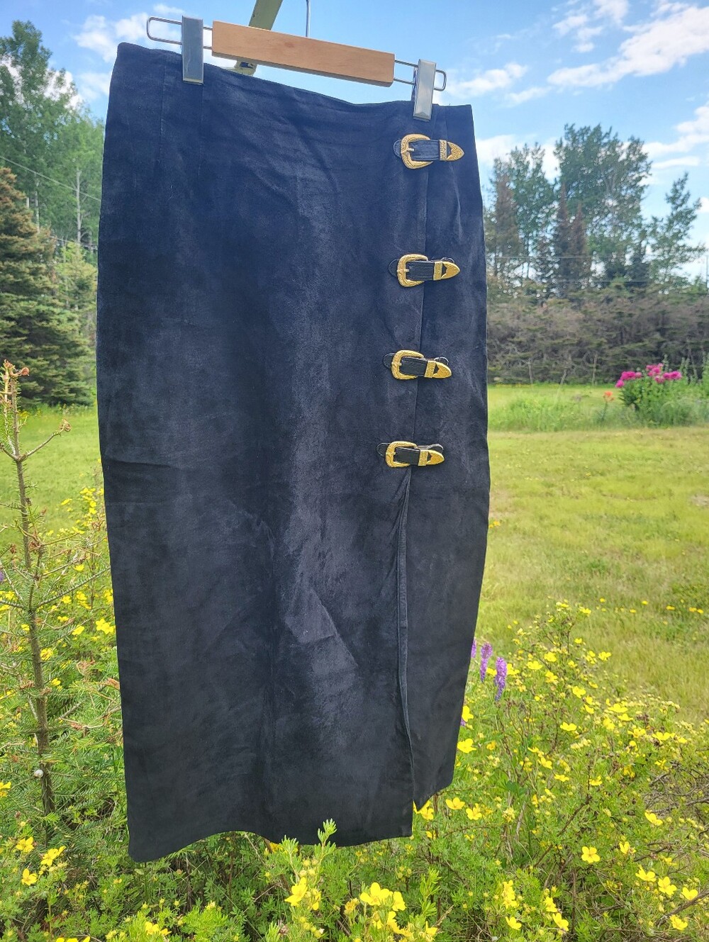 "Howdy, Partner!" Vintage Black Suede Midi Skirt with Gold Buckle Accents